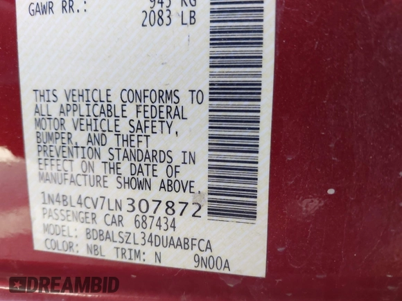 2020 Nissan Altima SR with VIN 1N4BL4CV7LN307872, listed as a IAAI auction lot 41728557 with 48,194 mi miles and . Bid and sale history available at carsss.com. Image 9.