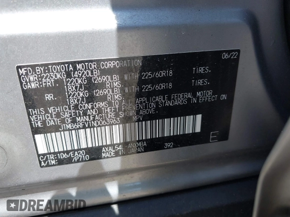 2022 Toyota RAV4 Hybrid XLE Premium with VIN JTMB6RFV1ND063963, listed as a IAAI auction lot 42550907 with 35,012 mi miles and . Bid and sale history available at DreamBid. Image 9.