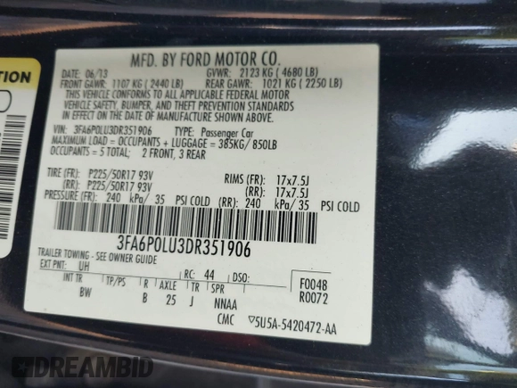2013 Ford Fusion SE Hybrid с VIN 3FA6P0LU3DR351906, выставлен на аукционе IAAI как лот 42841416 с пробегом 243 206 миль миль и . История ставок и продаж доступна на DreamBid. Изображение 9.