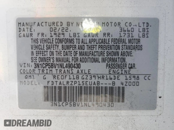 2022 Nissan Kicks S z VIN 3N1CP5BV1NL490430, wystawiony jako Copart lot #47868355 z przebiegiem Nie podano mil oraz Nie do naprawy • Non repairable. Historia ofert i sprzedaży dostępna na DreamBid. Obrazek 14.