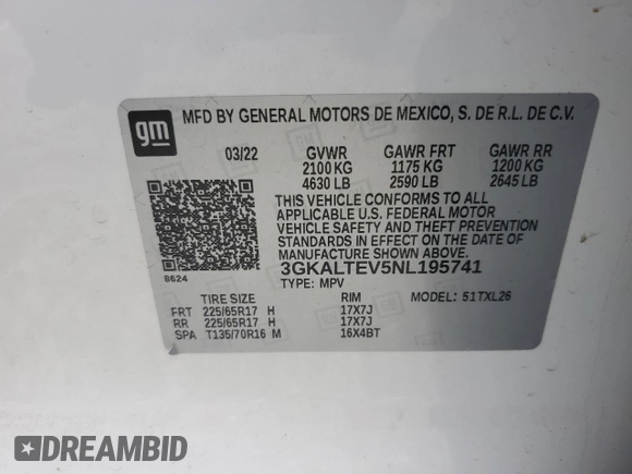 2022 GMC Terrain SLE with VIN 3GKALTEV5NL195741, listed as a Copart auction lot 57082765 with 67,949 mi miles and Salvage title. Bid and sale history available at DreamBid. Image 12.