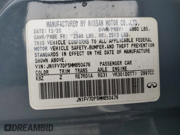 2021 Infiniti Q50 Red Sport 400 with VIN JN1FV7DP5MM850476, listed as a Copart auction lot 42604755 with 20,975 mi miles and Salvage Title. Bid and sale history available at DreamBid. Image 12.