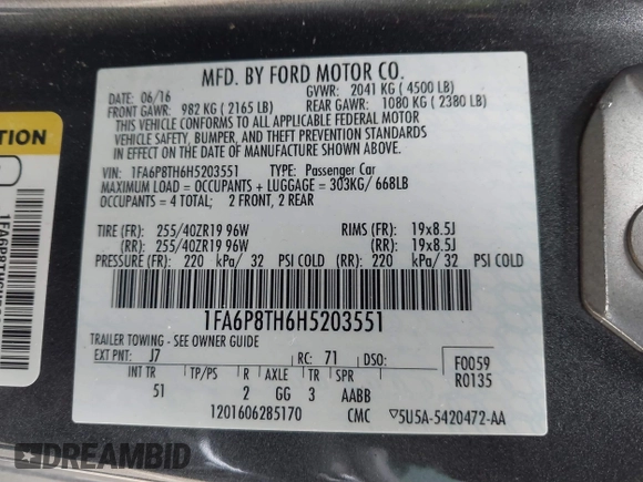 2017 Ford Mustang EcoBoost with VIN 1FA6P8TH6H5203551, listed as a IAAI auction lot 41850202 with 66,805 mi miles. Bid and sale history available at carsss.com. Image 9.