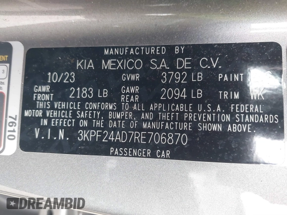 2024 Kia Forte LX with VIN 3KPF24AD7RE706870, listed as a IAAI auction lot 41815476 with 8,204 mi miles. Bid and sale history available at carsss.com. Image 9.