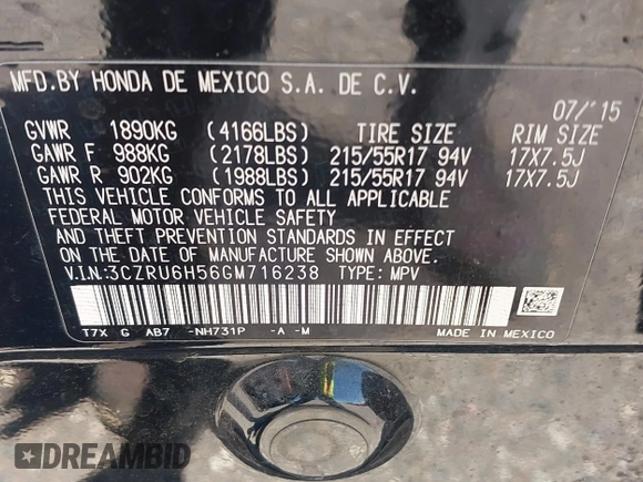 2016 Honda HR-V EX with VIN 3CZRU6H56GM716238, listed as a IAAI auction lot 42232513 with 123,346 mi miles and . Bid and sale history available at DreamBid. Image 9.