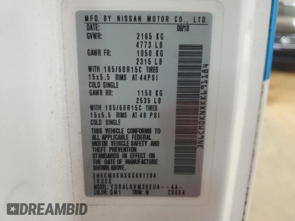 2019 Nissan NV200 SV with VIN 3N6CM0KNXKK691184, listed as a Copart auction lot 49491605 with 69,538 mi miles and Salvage title. Bid and sale history available at DreamBid. Image 13.