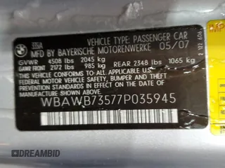 2007 BMW 3 Series 335i with VIN WBAWB73577P035945, listed as a Copart auction lot 44798955 with 61,558 mi miles and Salvage Title. Bid and sale history available at DreamBid. Image 12.