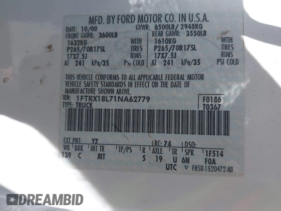 2001 Ford F-150 XL with VIN 1FTRX18L71NA62779, listed as a IAAI auction lot 42492875 with Not provided miles and . Bid and sale history available at DreamBid. Image 9.