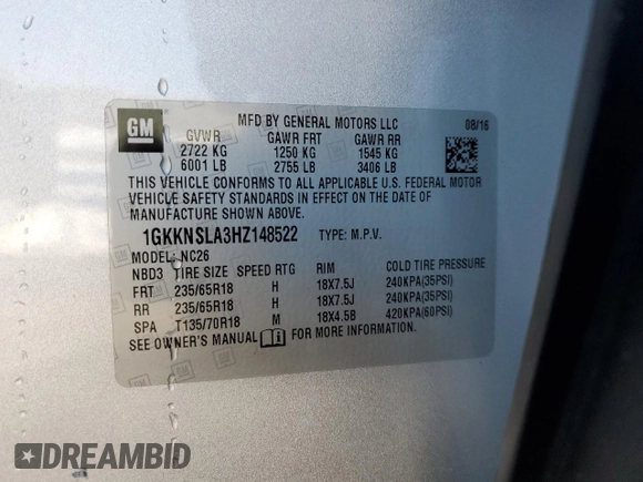 2017 GMC Acadia SLE with VIN 1GKKNSLA3HZ148522, listed as a Copart auction lot 42403675 with 131,207 mi miles and Salvage Title. Bid and sale history available at carsss.com. Image 13.