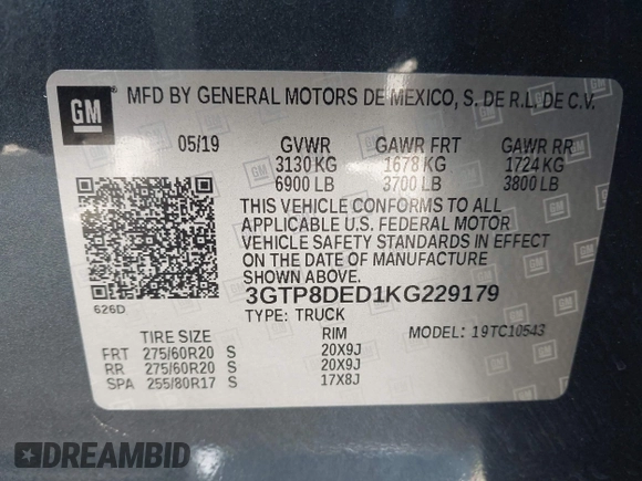 2019 GMC Sierra 1500 SLT z VIN 3GTP8DED1KG229179, wystawiony jako IAAI lot #41932481 z przebiegiem Nie podano mil oraz . Historia ofert i sprzedaży dostępna na DreamBid. Obrazek 9.