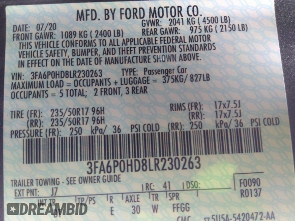 2020 Ford Fusion SE with VIN 3FA6P0HD8LR230263, listed as a IAAI auction lot 42069350 with 76,936 mi miles and . Bid and sale history available at DreamBid. Image 9.