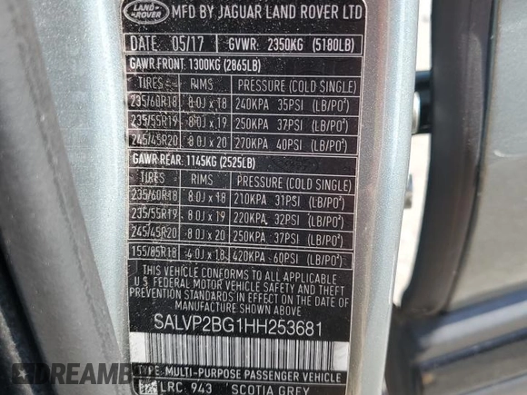 2017 Land Rover Range Rover Evoque SE with VIN SALVP2BG1HH253681, listed as a Copart auction lot 61996955 with 82,914 mi miles and Clean title. Bid and sale history available at DreamBid. Image 13.