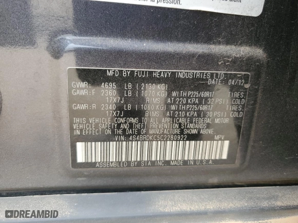 2012 Subaru Outback 3.6R Limited with VIN 4S4BRDKC5C2280922, listed as a Copart auction lot 47612015 with 184,751 mi miles and Salvage Title. Bid and sale history available at carsss.com. Image 13.