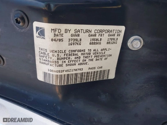 2005 Saturn ION with VIN 1G8AG52F45Z170793, listed as a IAAI auction lot 41637625 with 72,475 mi miles. Bid and sale history available at carsss.com. Image 9.