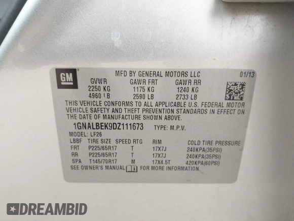 2013 Chevrolet Equinox LS with VIN 1GNALBEK9DZ111673, listed as a IAAI auction lot 41972774 with 118,689 mi miles and . Bid and sale history available at DreamBid. Image 9.