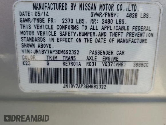 2014 Infiniti Q50 Premium with VIN JN1BV7AP3EM692322, listed as a Copart auction lot 47086715 with 136,861 mi miles and Salvage Title. Bid and sale history available at carsss.com. Image 14.