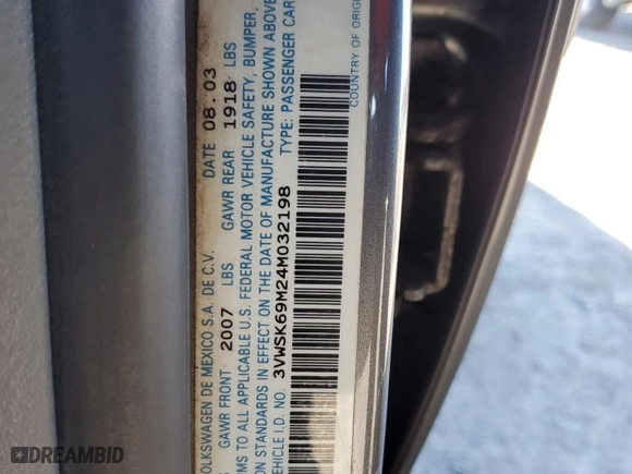 2004 Volkswagen Jetta Sedan GLS with VIN 3VWSK69M24M032198, listed as a Copart auction lot 84077774 with 0 mi miles and Salvage Title. Bid and sale history available at carsss.com. Image 13.
