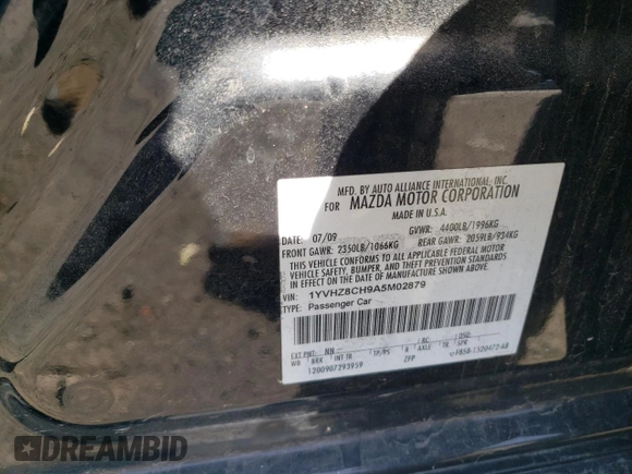 2010 Mazda 6 i Touring Plus with VIN 1YVHZ8CH9A5M02879, listed as a Copart auction lot 54875595 with 144,315 mi miles and Salvage title. Bid and sale history available at DreamBid. Image 12.