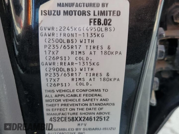 2002 Isuzu Axiom with VIN 4S2CE58XX24612512, listed as a Copart auction lot 77952574 with 201,436 mi miles and Salvage Title. Bid and sale history available at carsss.com. Image 14.