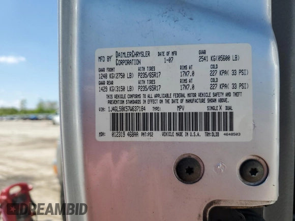 2007 Jeep Liberty Limited with VIN 1J4GL58K57W637184, listed as a Copart auction lot 55991415 with 142,256 mi miles and Clean Title. Bid and sale history available at DreamBid. Image 12.