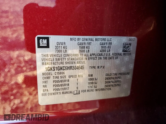 2017 GMC Yukon XL SLT z VIN 1GKS1GKC6HR304645, wystawiony jako Copart lot #83831654 z przebiegiem 137 035 mil mil oraz Szkoda całkowita • Salvage title. Historia ofert i sprzedaży dostępna na DreamBid. Obrazek 13.