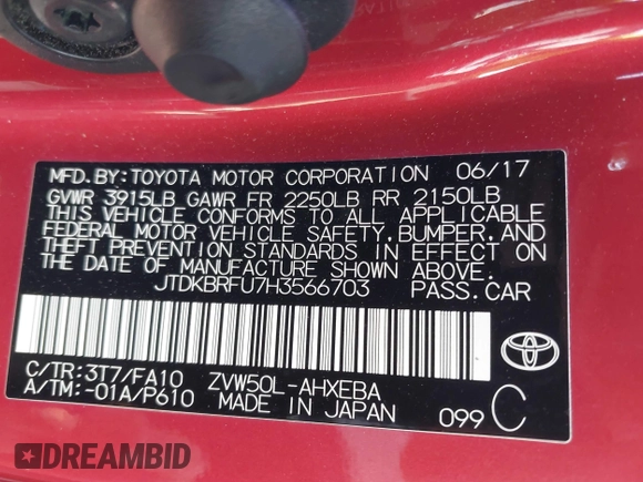 2017 Toyota Prius Two with VIN JTDKBRFU7H3566703, listed as a IAAI auction lot 41937815 with 85,354 mi miles and . Bid and sale history available at carsss.com. Image 9.