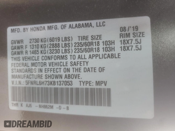 2019 Honda Odyssey EX-L with VIN 5FNRL6H73KB137053, listed as a Copart auction lot 53094245 with 38,081 mi miles and Salvage Title. Bid and sale history available at carsss.com. Image 13.