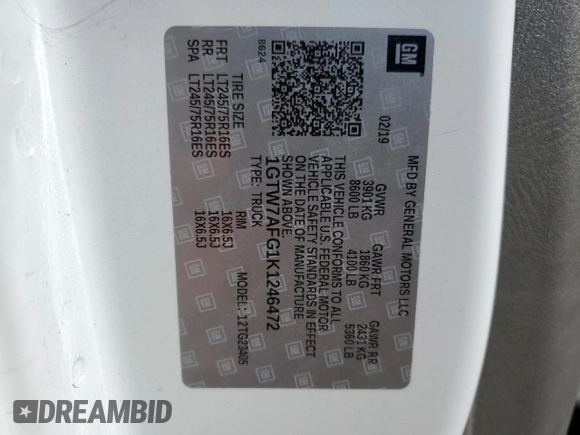 2019 GMC Savana Cargo z VIN 1GTW7AFG1K1246472, wystawiony jako Copart lot #47945425 z przebiegiem 67 493 mil mil oraz Szkody całkowita. Historia ofert i sprzedaży dostępna na DreamBid. Obrazek 13.