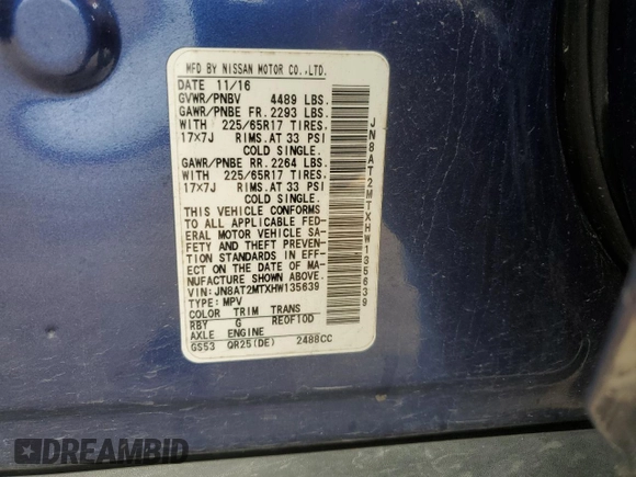 2017 Nissan Rogue S z VIN JN8AT2MTXHW135639, wystawiony jako Copart lot #55834815 z przebiegiem 145 571 mil mil oraz Szkoda całkowita • Salvage title. Historia ofert i sprzedaży dostępna na DreamBid. Obrazek 13.