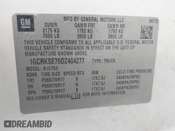 2013 Chevrolet Silverado 1500 LT with VIN 1GCRKSE76DZ404277, listed as a IAAI auction lot 41737878 with 204,921 mi miles and . Bid and sale history available at DreamBid. Image 9.