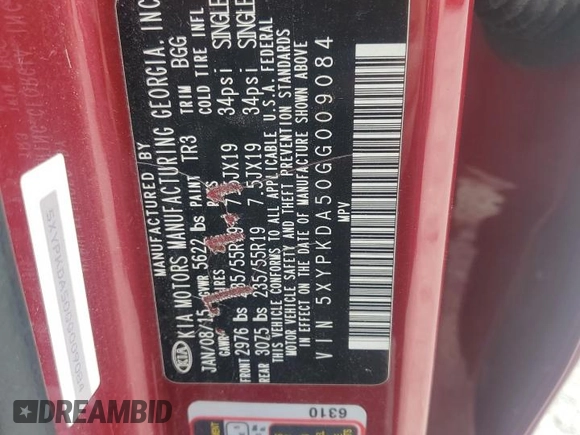 2016 Kia Sorento SX with VIN 5XYPKDA50GG009084, listed as a Copart auction lot 64290825 with Not provided miles and Clean title. Bid and sale history available at DreamBid. Image 13.