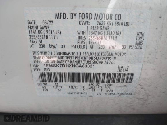2022 Ford Explorer XLT z VIN 1FMSK7DHXNGA83331, wystawiony jako IAAI lot #41606848 z przebiegiem 54 139 mil mil oraz . Historia ofert i sprzedaży dostępna na DreamBid. Obrazek 9.