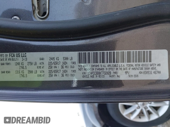 2019 Dodge Journey SE with VIN 3C4PDCBB8KT732028, listed as a IAAI auction lot 41902938 with 49,378 mi miles and . Bid and sale history available at DreamBid. Image 9.