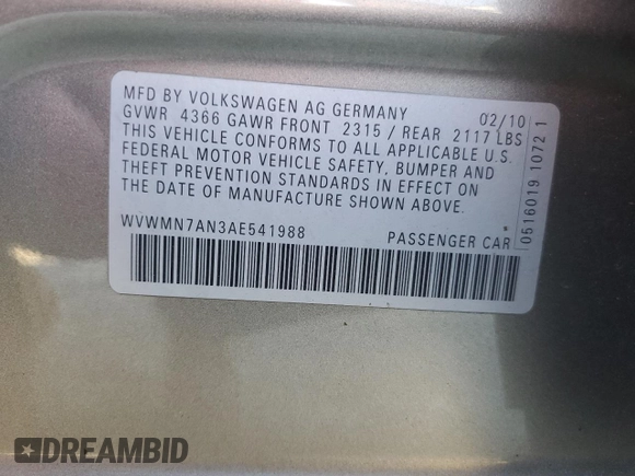 2010 Volkswagen CC Sport with VIN WVWMN7AN3AE541988, listed as a Copart auction lot 77670794 with 100,277 mi miles and Salvage Title. Bid and sale history available at DreamBid. Image 14.