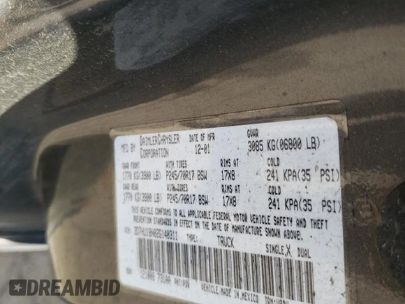2002 Dodge 1500 z VIN 3D7HU18N02G140311, wystawiony jako Copart lot #55506095 z przebiegiem 144 280 mil mil oraz Szkoda całkowita • Salvage title. Historia ofert i sprzedaży dostępna na DreamBid. Obrazek 12.