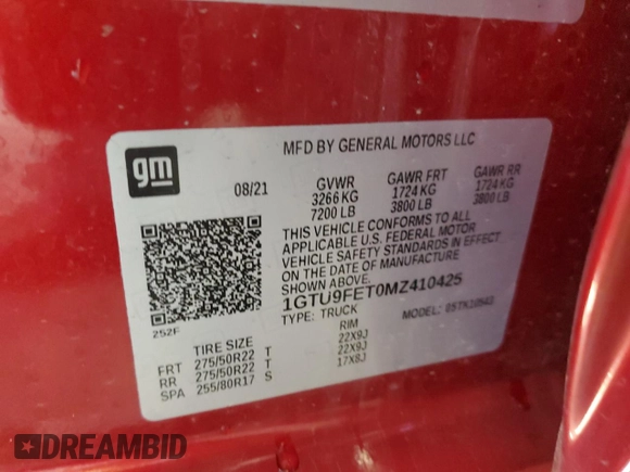 2021 GMC Sierra 1500 Denali z VIN 1GTU9FET0MZ410425, wystawiony jako Copart lot #52823795 z przebiegiem 47 222 mil mil oraz Szkoda całkowita • Salvage title. Historia ofert i sprzedaży dostępna na DreamBid. Obrazek 15.