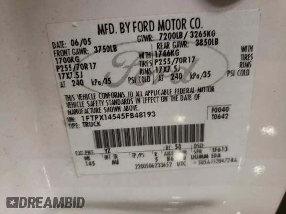 2005 Ford F-150 XLT with VIN 1FTPX14545FB48193, listed as a Copart auction lot 86781104 with 200,299 mi miles and Clean title. Bid and sale history available at DreamBid. Image 12.