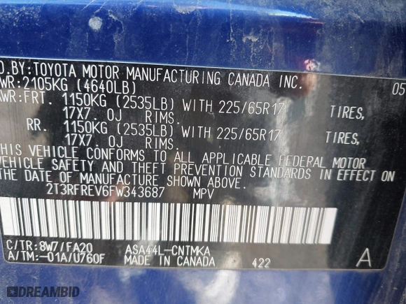 2015 Toyota RAV4 XLE with VIN 2T3RFREV6FW343687, listed as a IAAI auction lot 42024522 with 183,852 mi miles. Bid and sale history available at carsss.com. Image 9.