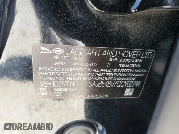 2016 Jaguar XF 35t Prestige with VIN SAJBE4BV7GCY02744, listed as a Copart auction lot 50179145 with 66,649 mi miles and Salvage Title. Bid and sale history available at carsss.com. Image 12.
