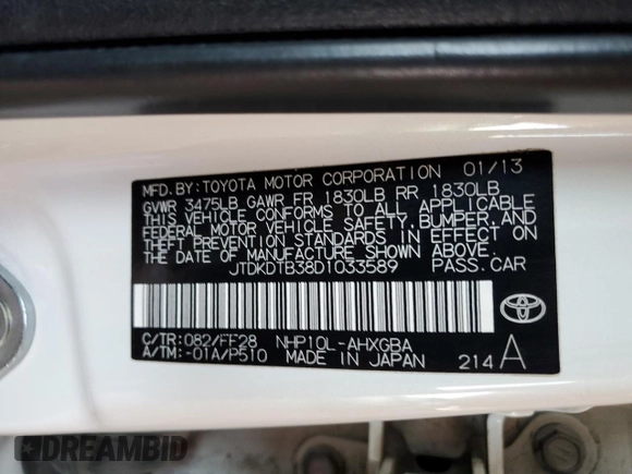 2013 Toyota Prius One z VIN JTDKDTB38D1033589, wystawiony jako Copart lot #55520355 z przebiegiem Nie podano mil oraz Szkoda całkowita • Salvage title. Historia ofert i sprzedaży dostępna na DreamBid. Obrazek 12.