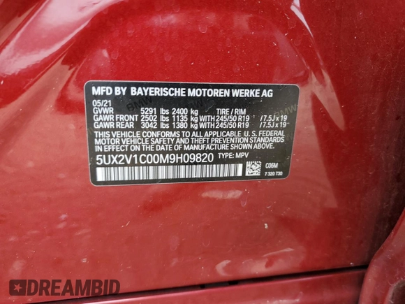 2021 BMW X4 xDrive30i with VIN 5UX2V1C00M9H09820, listed as a Copart auction lot 58489425 with Not provided miles and Non repairable. Bid and sale history available at DreamBid. Image 13.