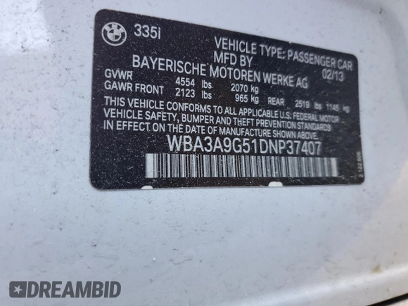 2013 BMW 3 Series 335i with VIN WBA3A9G51DNP37407, listed as a Copart auction lot 55478365 with 108,730 mi miles and Clean title. Bid and sale history available at DreamBid. Image 12.