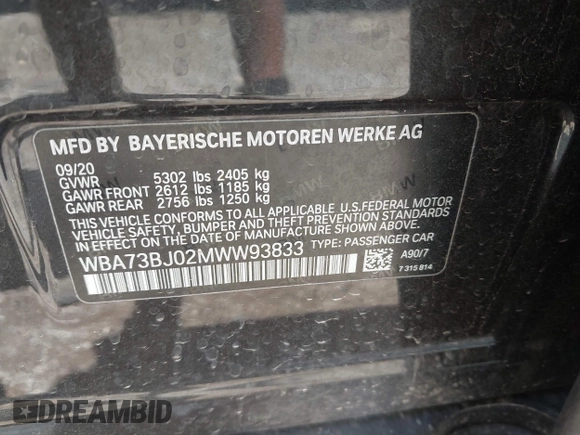 2021 BMW 5 Series 540i xDrive with VIN WBA73BJ02MWW93833, listed as a IAAI auction lot 42160043 with 59,779 mi miles and . Bid and sale history available at DreamBid. Image 9.