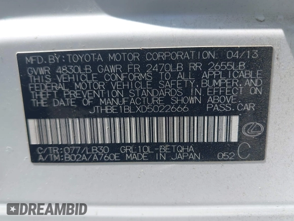 2013 Lexus GS 350 with VIN JTHBE1BLXD5022666, listed as a IAAI auction lot 42598832 with 112,247 mi miles and . Bid and sale history available at DreamBid. Image 9.