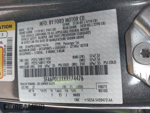 2019 Ford Fusion SE with VIN 3FA6P0LUXKR174476, listed as a IAAI auction lot 42110902 with 33,260 mi miles and . Bid and sale history available at DreamBid. Image 9.