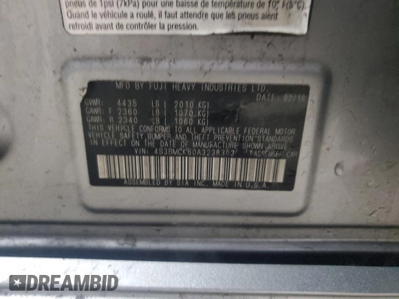 2010 Subaru Legacy Limited Moon with VIN 4S3BMCK60A3238303, listed as a Copart auction lot 57556385 with 233,268 mi miles and Salvage title. Bid and sale history available at DreamBid. Image 12.