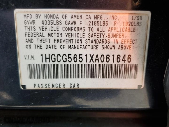 1999 Honda Accord EX z VIN 1HGCG5651XA061646, wystawiony jako Copart lot #60443325 z przebiegiem 164 296 mil mil oraz Szkoda całkowita • Salvage title. Historia ofert i sprzedaży dostępna na DreamBid. Obrazek 12.