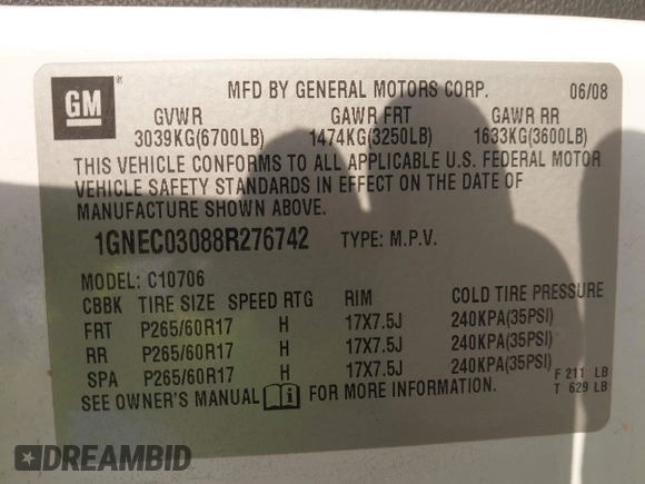 2008 Chevrolet Tahoe Police with VIN 1GNEC03088R276742, listed as a IAAI auction lot 41753762 with 86,095 mi miles and . Bid and sale history available at DreamBid. Image 9.