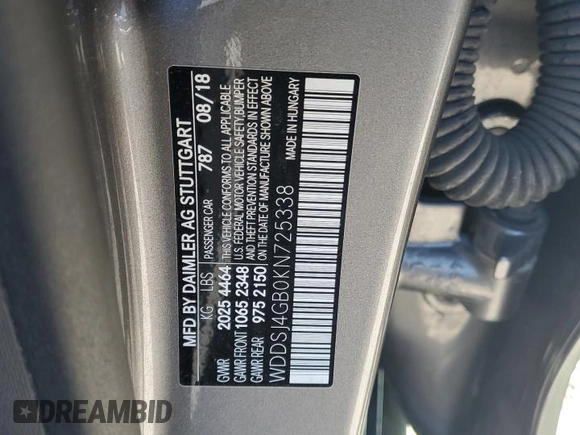 2019 Mercedes-Benz CLA with VIN WDDSJ4GB0KN725338, listed as a Copart auction lot 50787395 with 67,187 mi miles and Salvage Title. Bid and sale history available at carsss.com. Image 12.