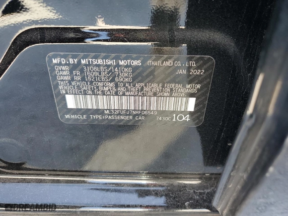 2022 Mitsubishi Mirage G4 ES with VIN ML32FUFJ7NHF06549, listed as a Copart auction lot 41464795 with 46,383 mi miles and Non Repairable. Bid and sale history available at carsss.com. Image 13.